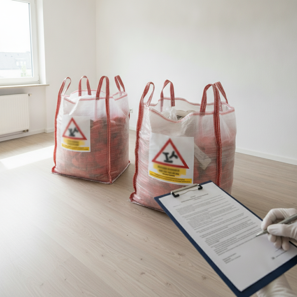 Versiegelte Big-Bags mit asbesthaltigem Abfall und das Freimessprotokoll als Entsorgungsnachweis